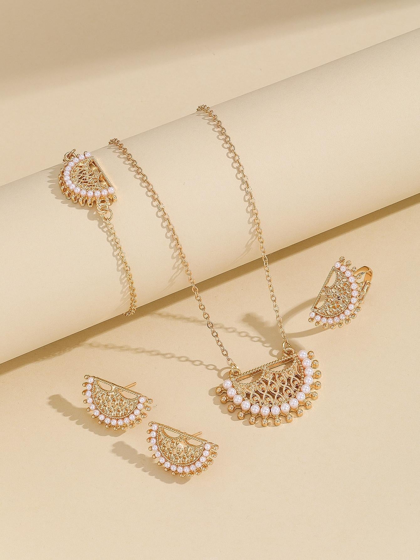 Fashionable Zinc Alloy Faux Pearl & Hollow Out Necklace, Earrings, Ring and Bracelet Set, in Gold