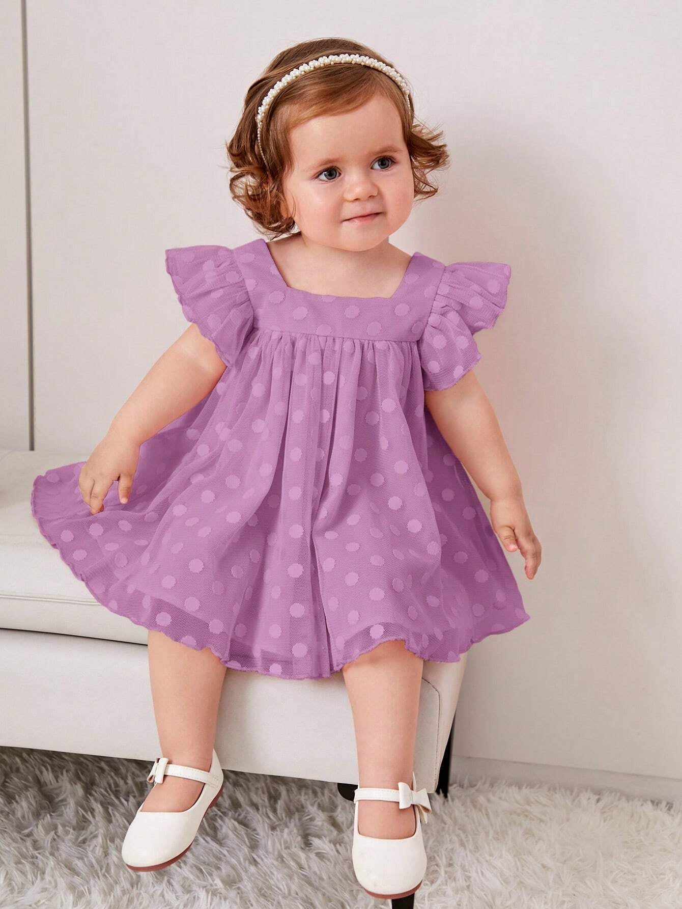 Baby Girl'S Sweet Polka Dot Mesh Dress with Square Neckline and Short Flutter Sleeves