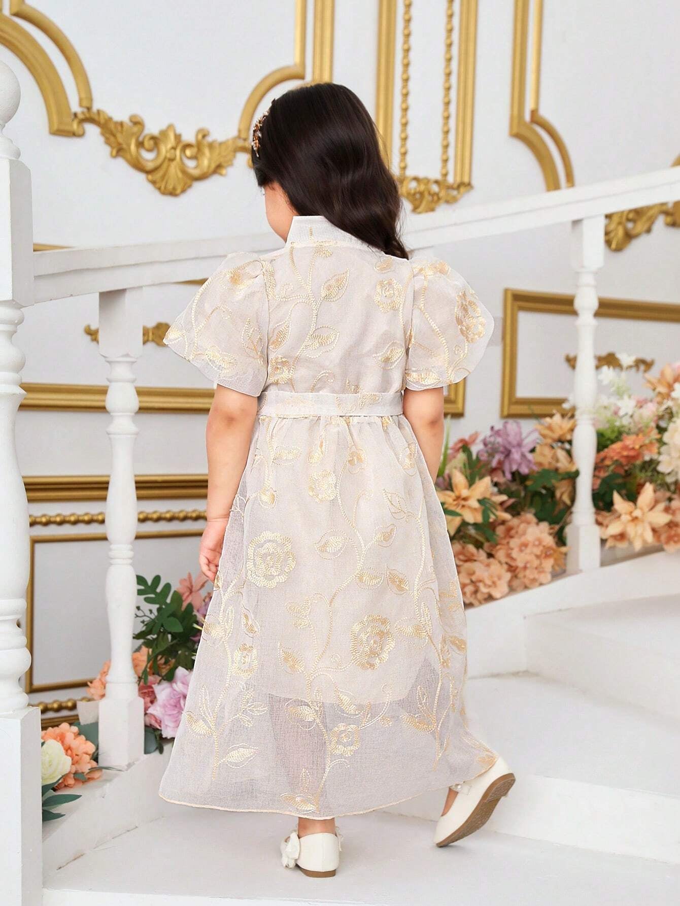 Young Girl'S Elegant Embroidered Lantern Sleeve Long Dress
