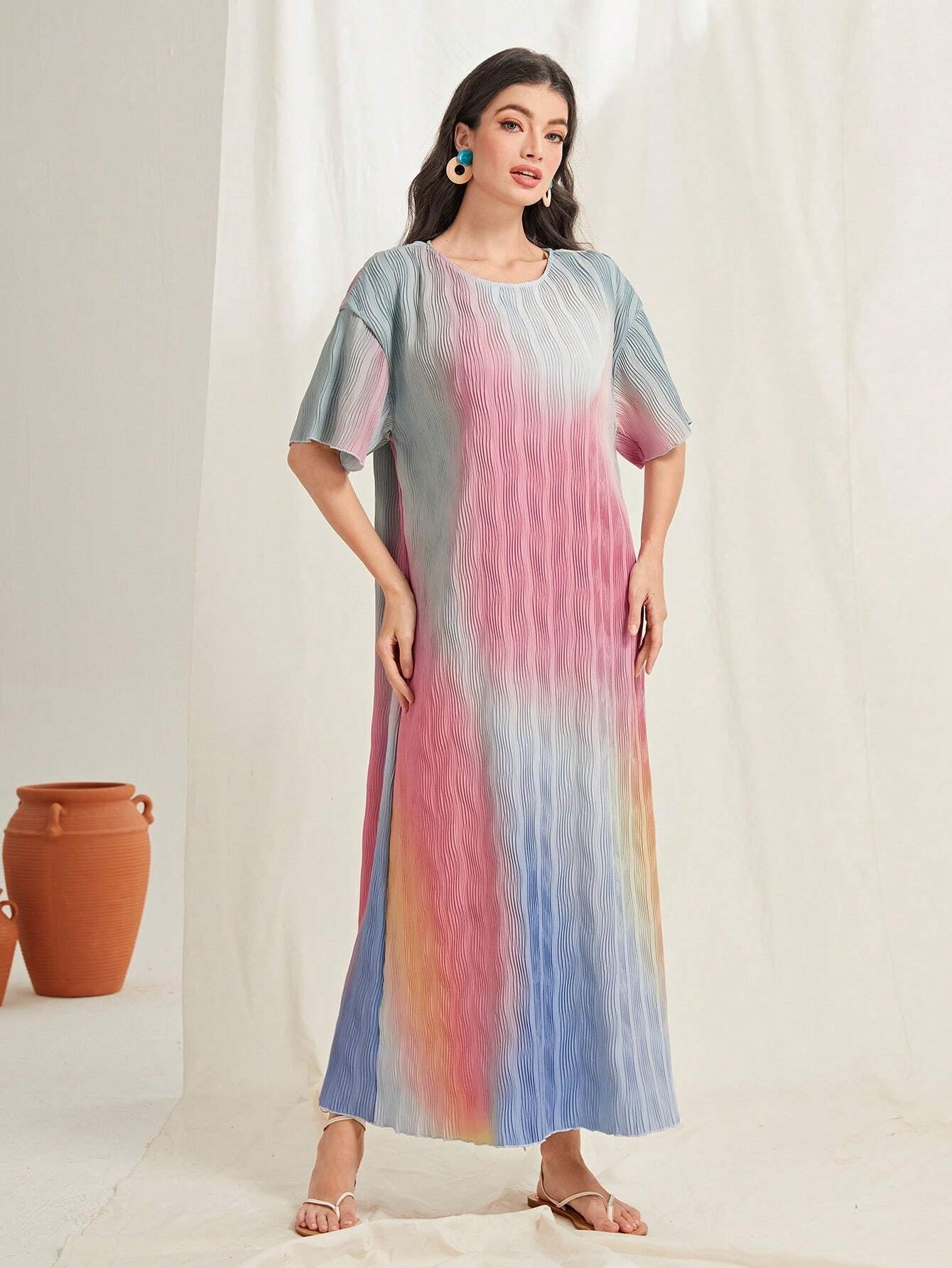 Mulvari Ombre Print Lettuce Trim Dress