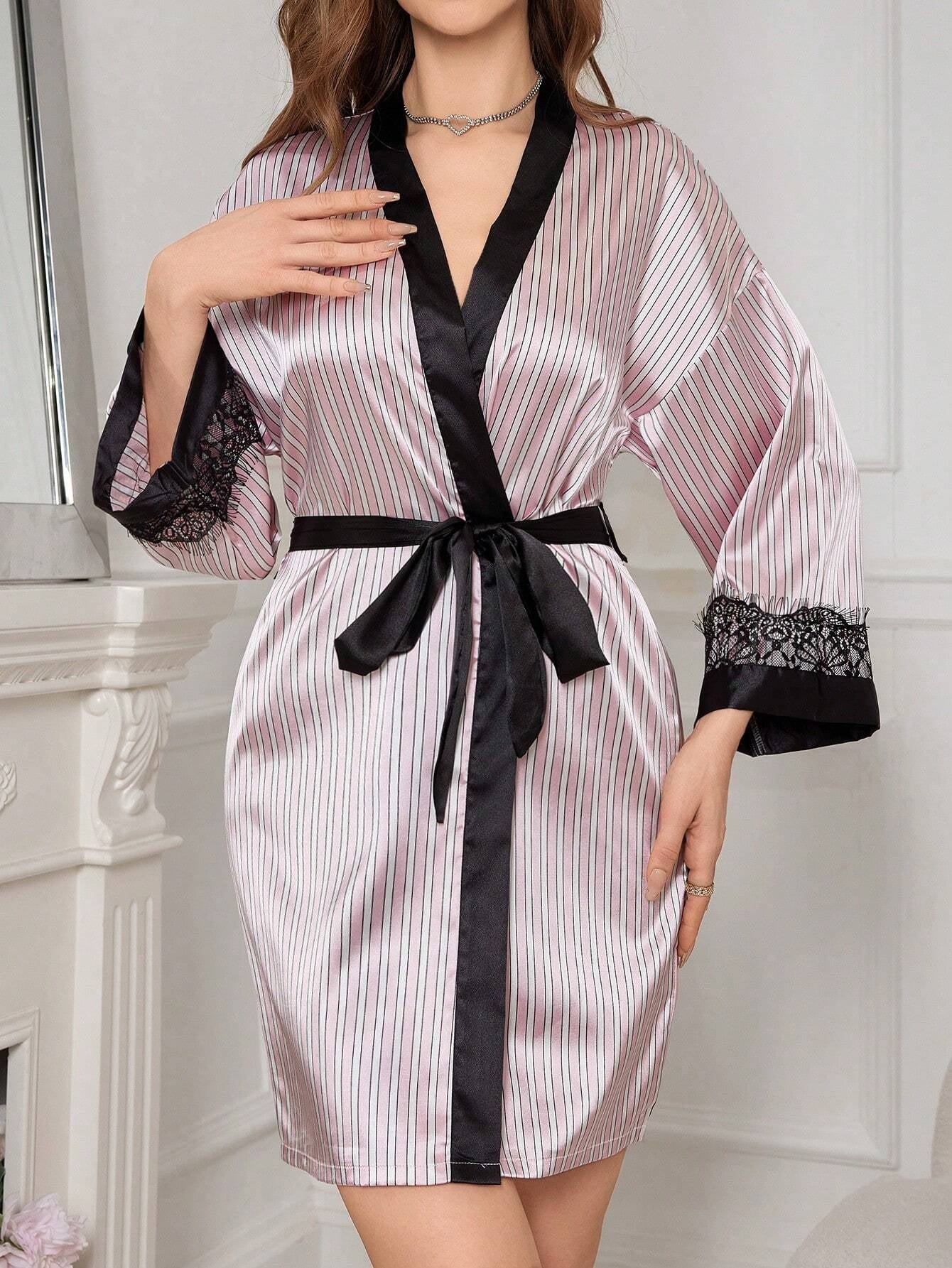 Women'S Striped and Printed Contrast Color Sleepwear with Lace Trim and Waist Belt