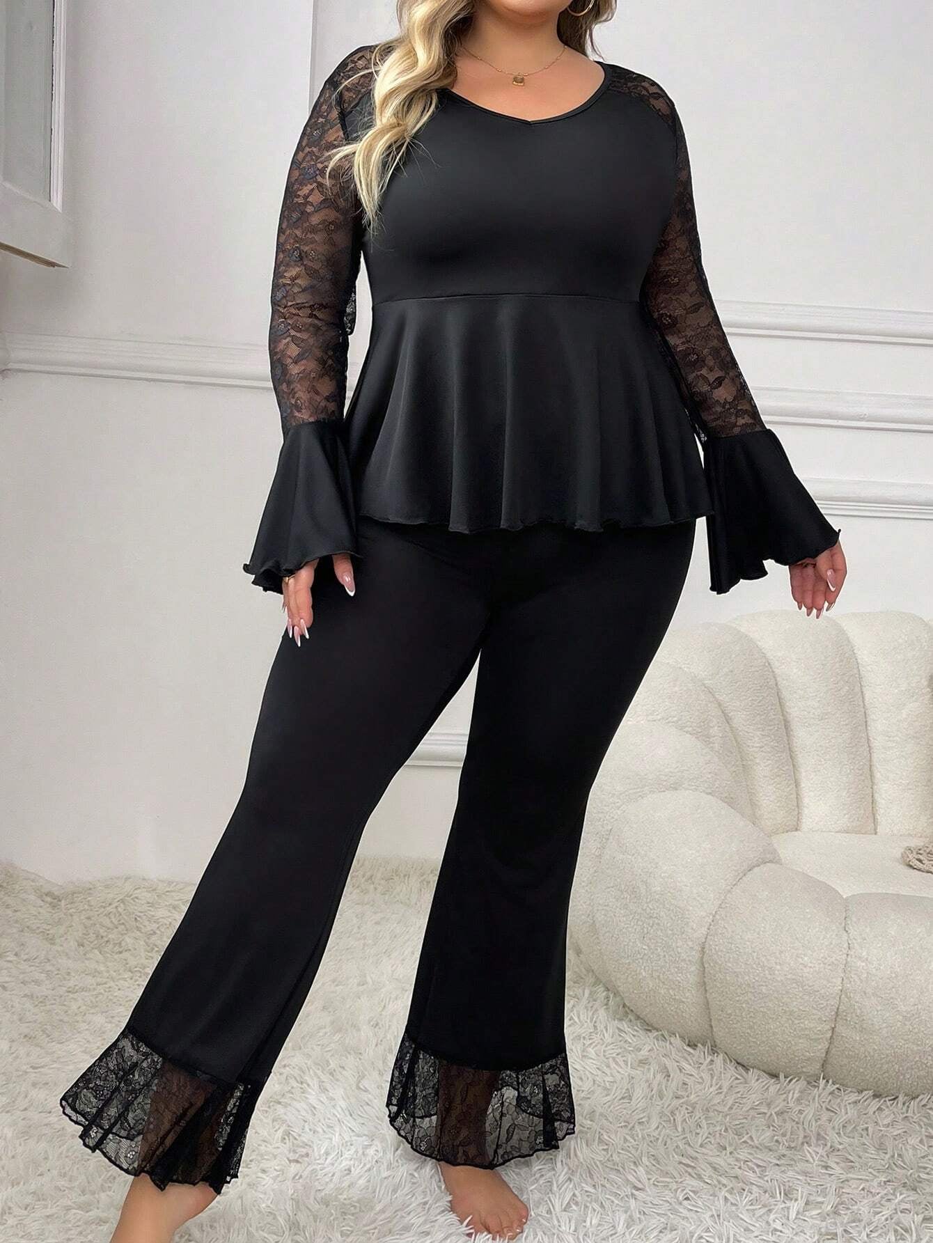 Lace Patchwork Drawstring Waist Long Sleeve Top with Bell Bottom Pants, plus Size Women'S Pajama Set