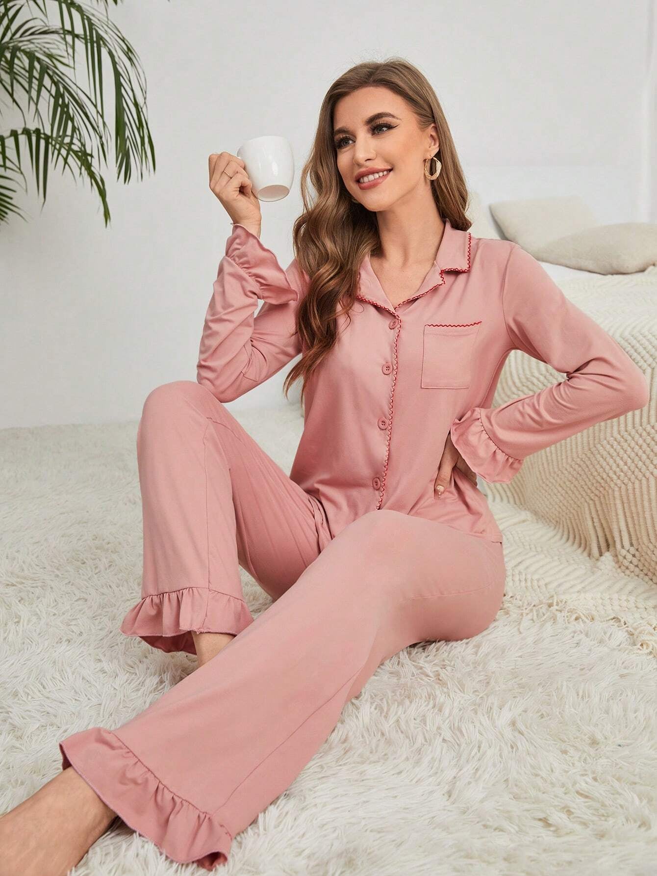 Ruffle Trim Pocket Patched Button Front Shirt & Ruffle Hem Pants PJ Set