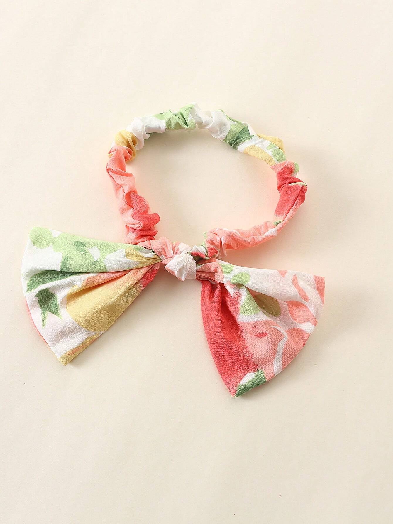 Baby Girl'S Full Print Floral Dress with Ruffled Hem and Headband