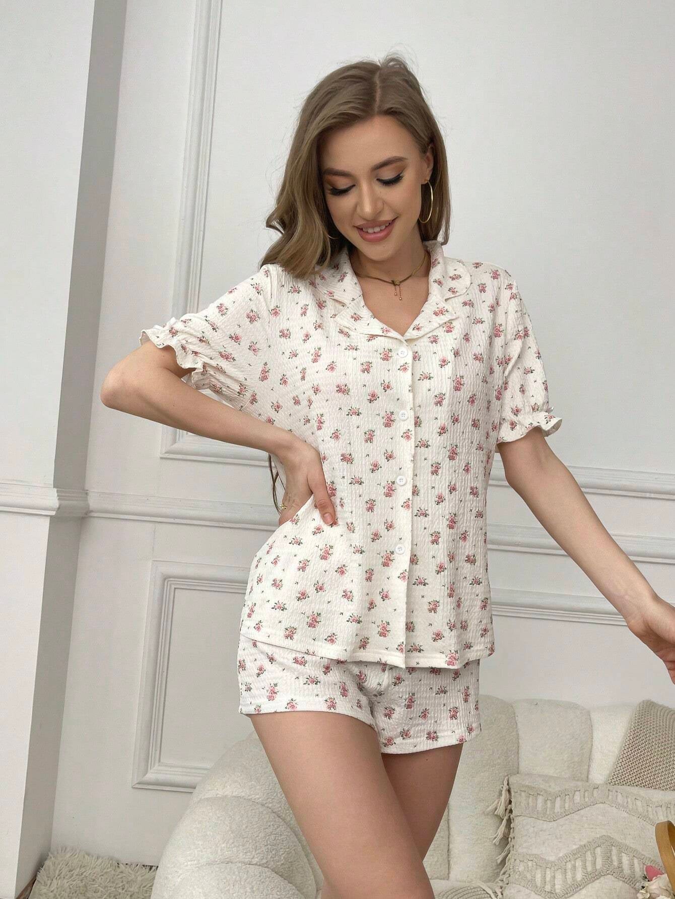 Floral Print Turn-Down Collar Top and Shorts Pajama Set
