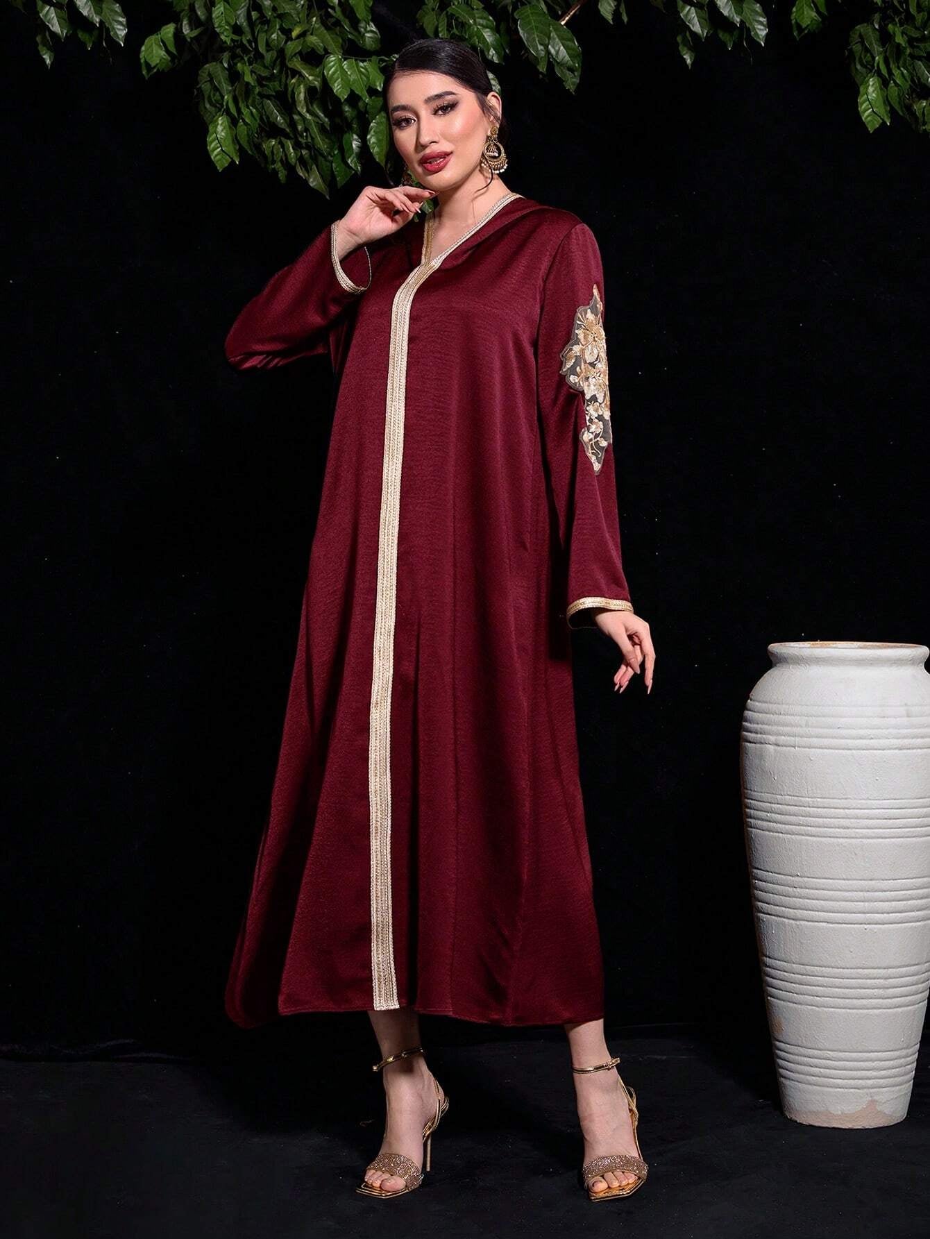 Najma Sequin Applique Detail Contrast Tape Trimmed Hooded Djellaba