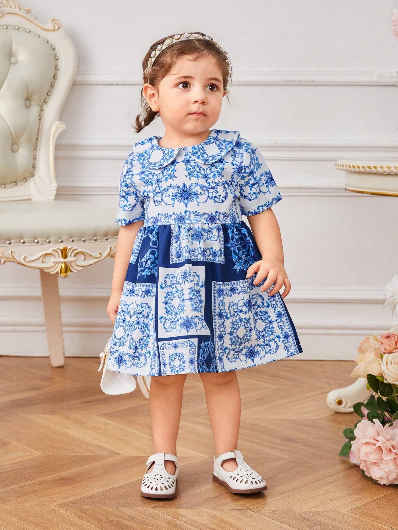 Baby Girls' Elegant Palace-Style Doll Collar Printed Dress, Suitable