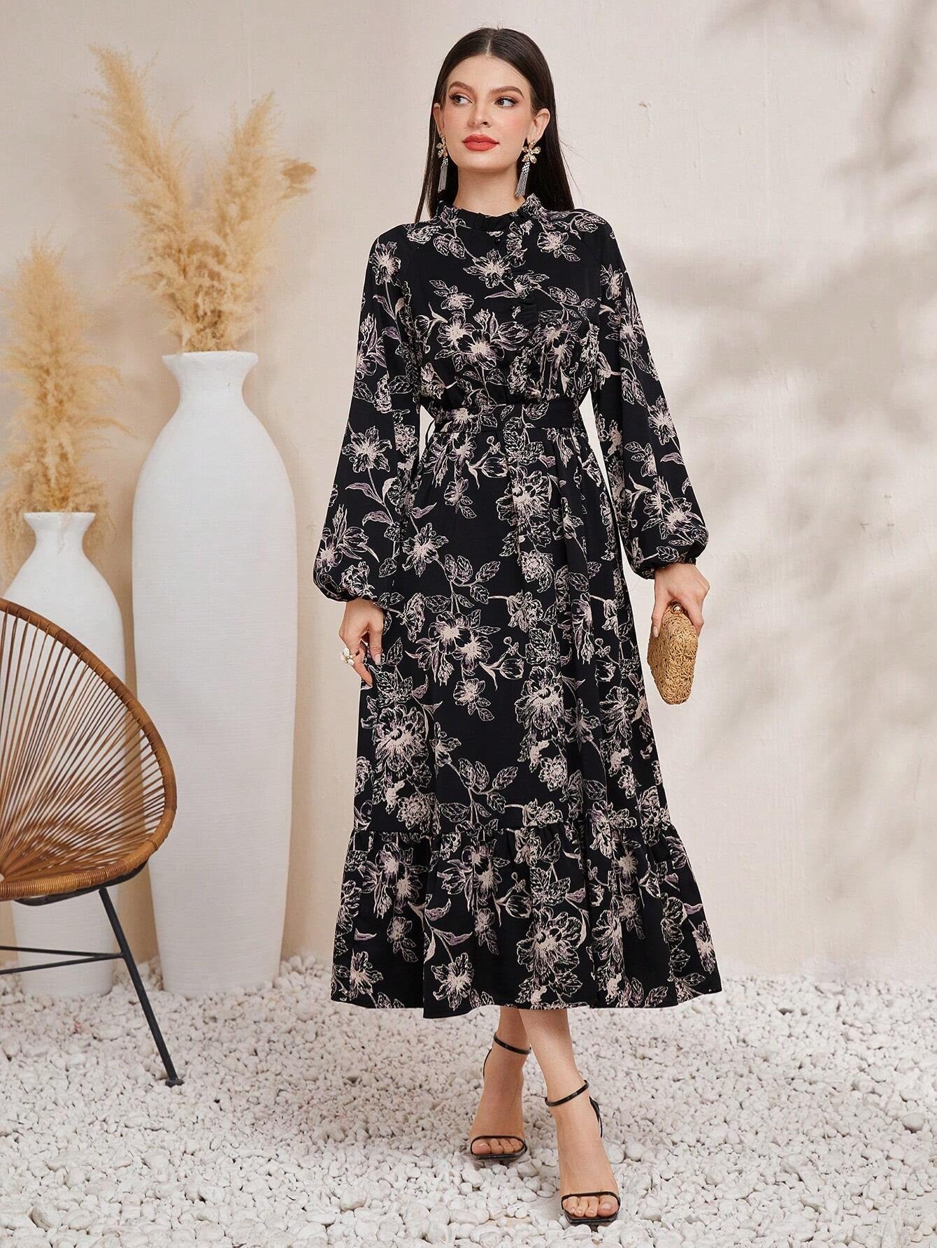 Modely Women'S Lantern Sleeve Dress with Floral Print