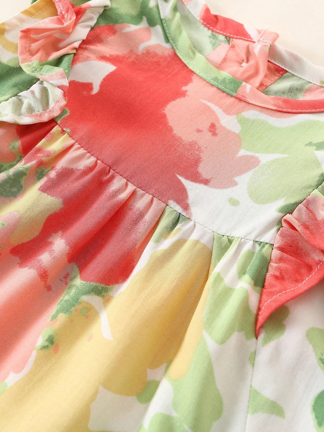 Baby Girl'S Full Print Floral Dress with Ruffled Hem and Headband