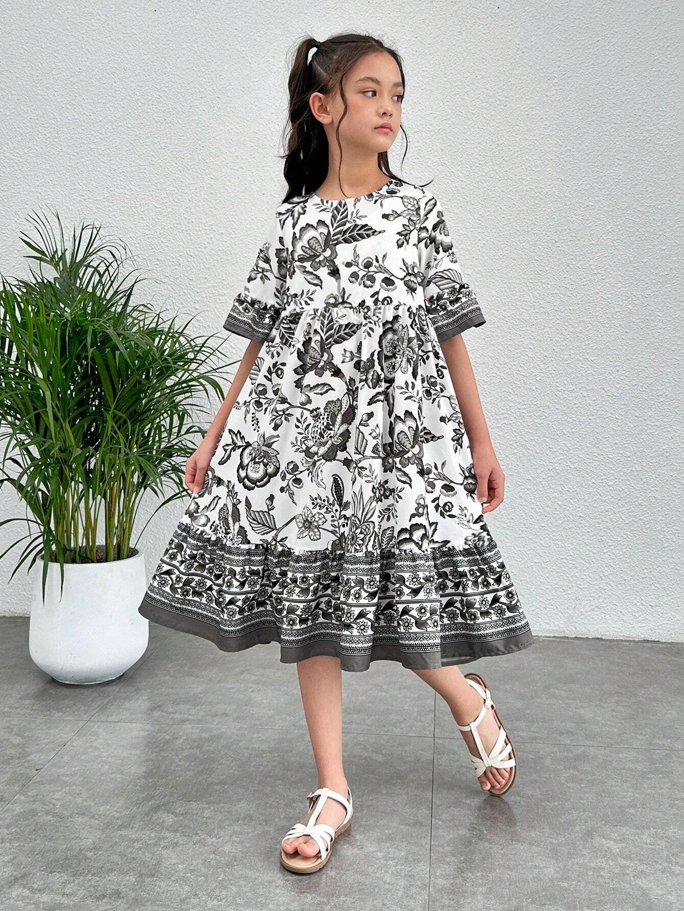 Tween Girl Floral Print Flounce Sleeve Ruffle Hem Dress