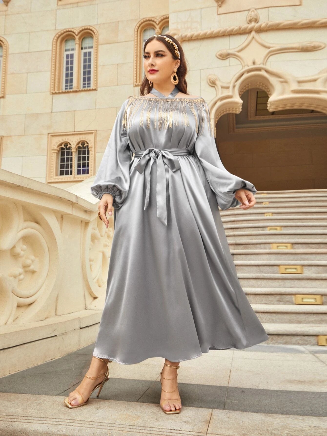 Najma plus Fringe Trim Lantern Sleeve Belted Satin Dress