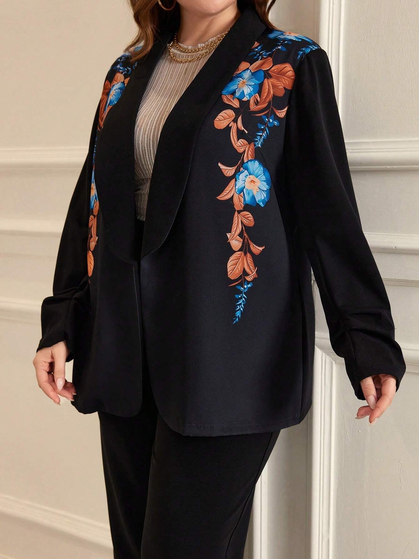 Mulvari plus Size Flower Print Jacket and Solid Color Pants Suit
