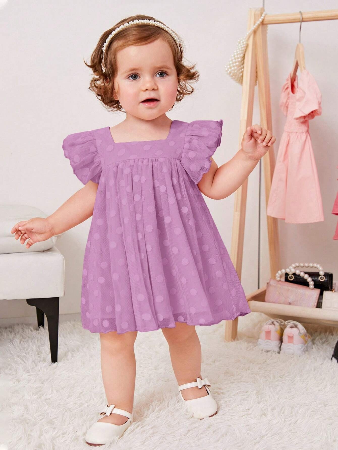 Baby Girl'S Sweet Polka Dot Mesh Dress with Square Neckline and Short Flutter Sleeves