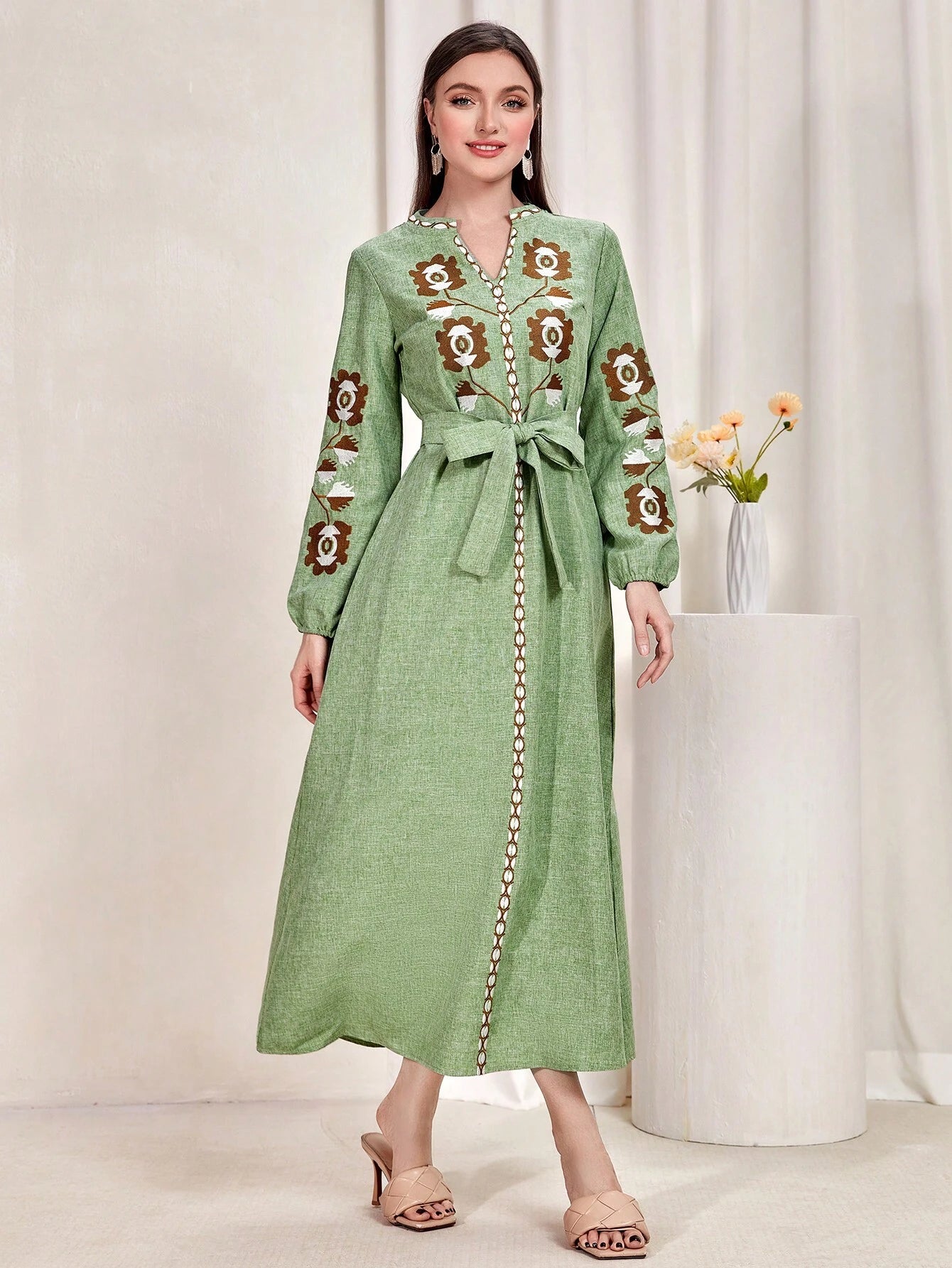 Najma Graphic Embroidery Notched Neckline Belted Dress