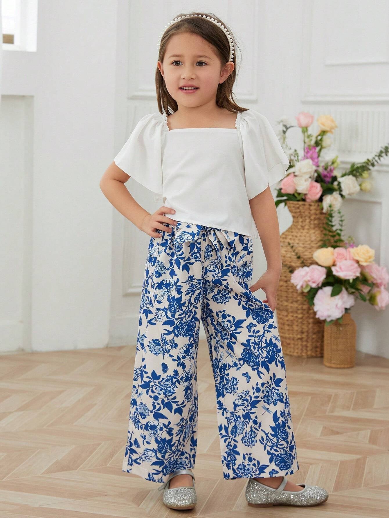 Young Girls' Lace Trimmed Top and Floral Printed Wide Leg Pants Two Piece Set