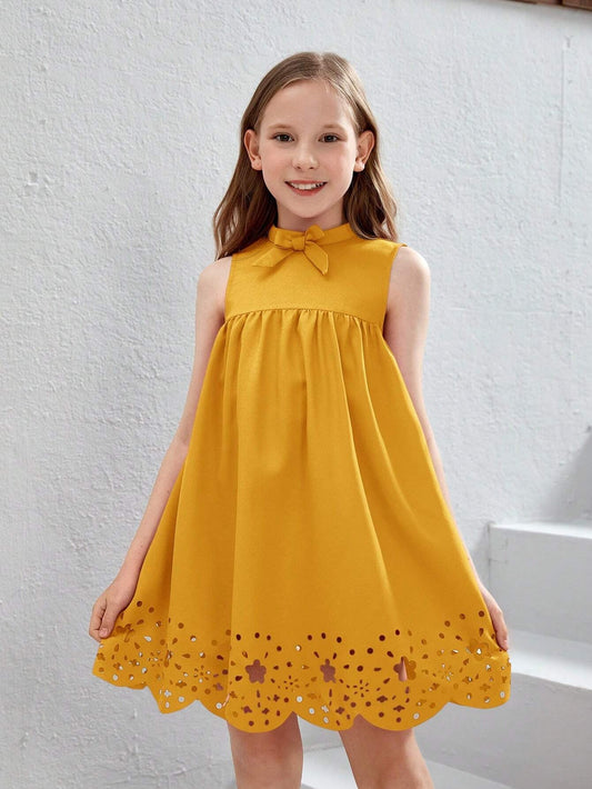 Tween Girl'S Woven Burn-Out Waves Printed Sleeveless Dress with Ruffle Stand Collar, Perfect for Vacation