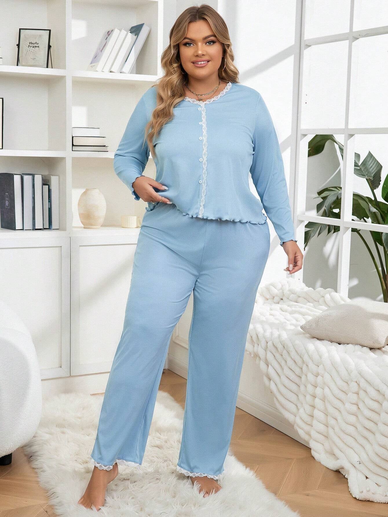 Plus Size Women'S Lace Trim Ribbed Pajama Set