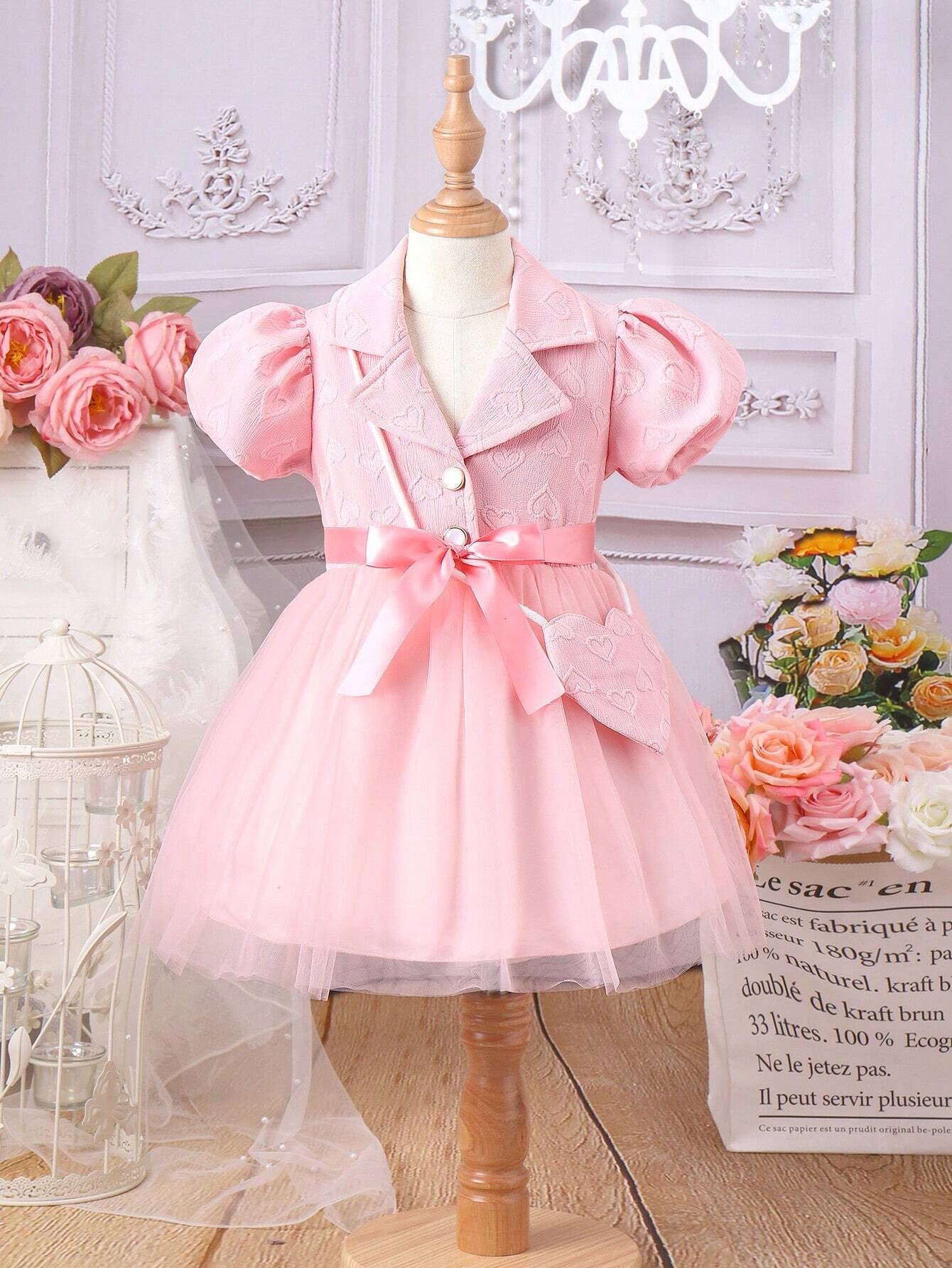 Little Girls' Princess Style Casual Fashionable Elegant Heart Shaped Bag Mesh Dress
