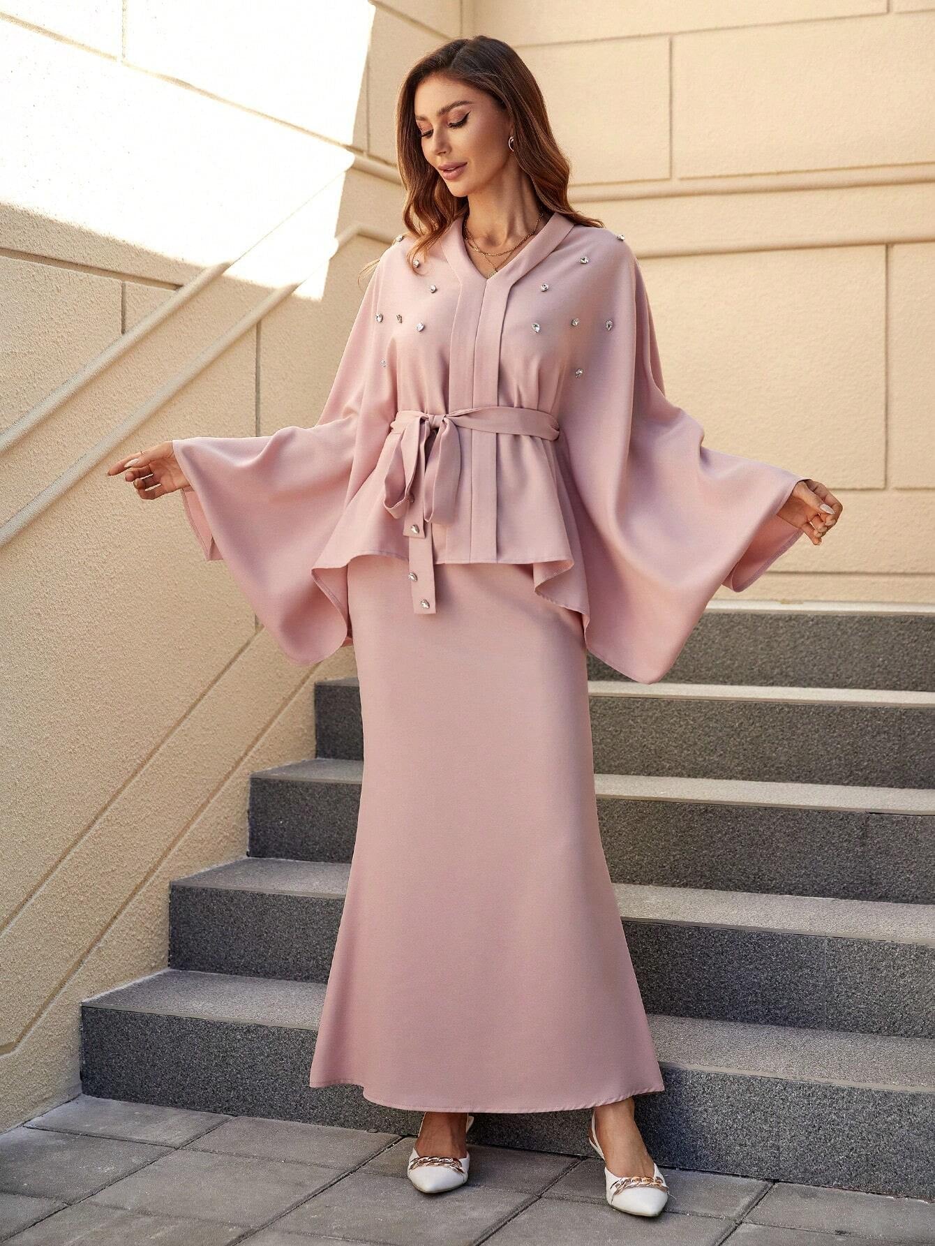 Privé Women'S Batwing Long Sleeve Top with Belt and Skirt 2Pcs/Set