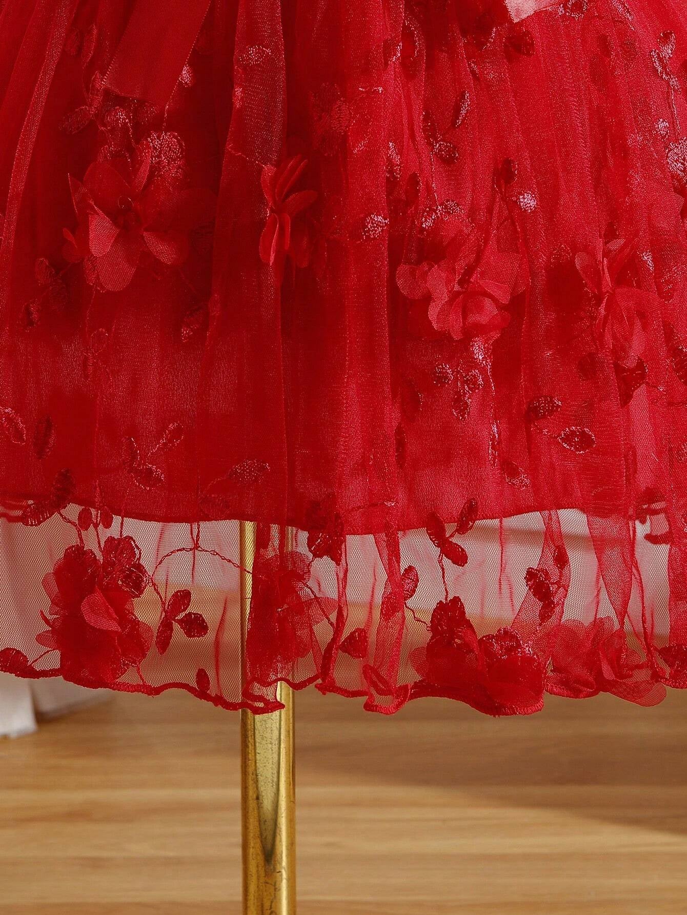 Young Girl, Red Sleeveless Princess Dress with Embroidered Mesh Patchwork
