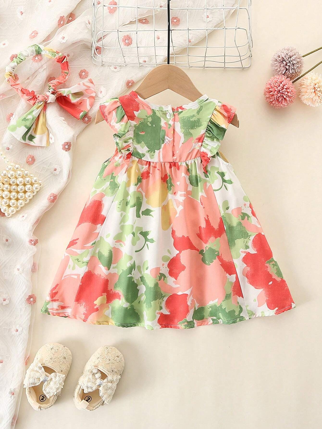 Baby Girl'S Full Print Floral Dress with Ruffled Hem and Headband