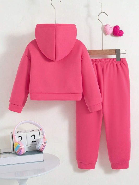 طقم بنطلون وجاكيت مقنعين 2 قطعة للفتاة الصغيرة، بياقة وسوستة وأكمام طويلة وبنطلون من القطيفة، ملابس شتوية