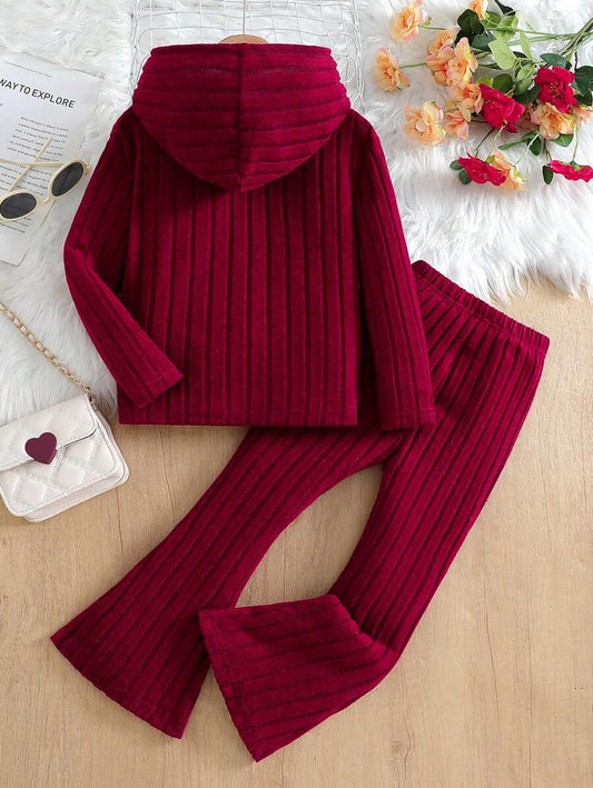 2 قطعة مجموعة فتيات، قميص أكمام طويلة محبوك ناعم مرن مع غطاء رأس، وبنطلون جرس القاع، مناسب للخريف/الشتاء للرياضة والبيت، هدية عيد الميلاد