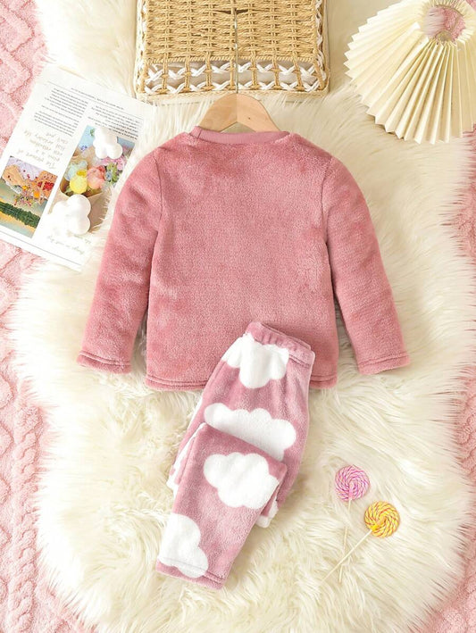 طقم بيجامة رموش عين مطرز فانيلا بنت طفل