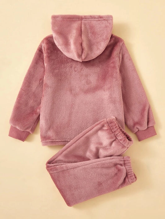 هودي فرو للفتيات الصغيرات مع جيوب من نوع الكنجر وسروال