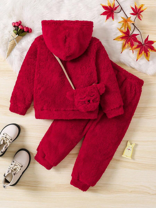 طقم بنطال وحقيبة عبر الجسم للفتاة الصغيرة 3 قطع، هودي صوف مطرز برسومات الحروف والحيوانات, مناسب للخريف والشتاء