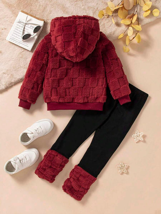 SHEIN جلبة صوفية للفتاة الشابة مع قبعة وكم طويل وبنطلون 2قطعة-عارضة، مناسبة لإجازة الخريف / الشتاء