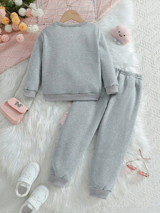 طقم بنطلون وبلوزة طويلة الأكمام الرقبة دائرية مزينة بفيونكة للفتيات الصغيرات ، مناسب للخريف/الشتاء ، قطعتان