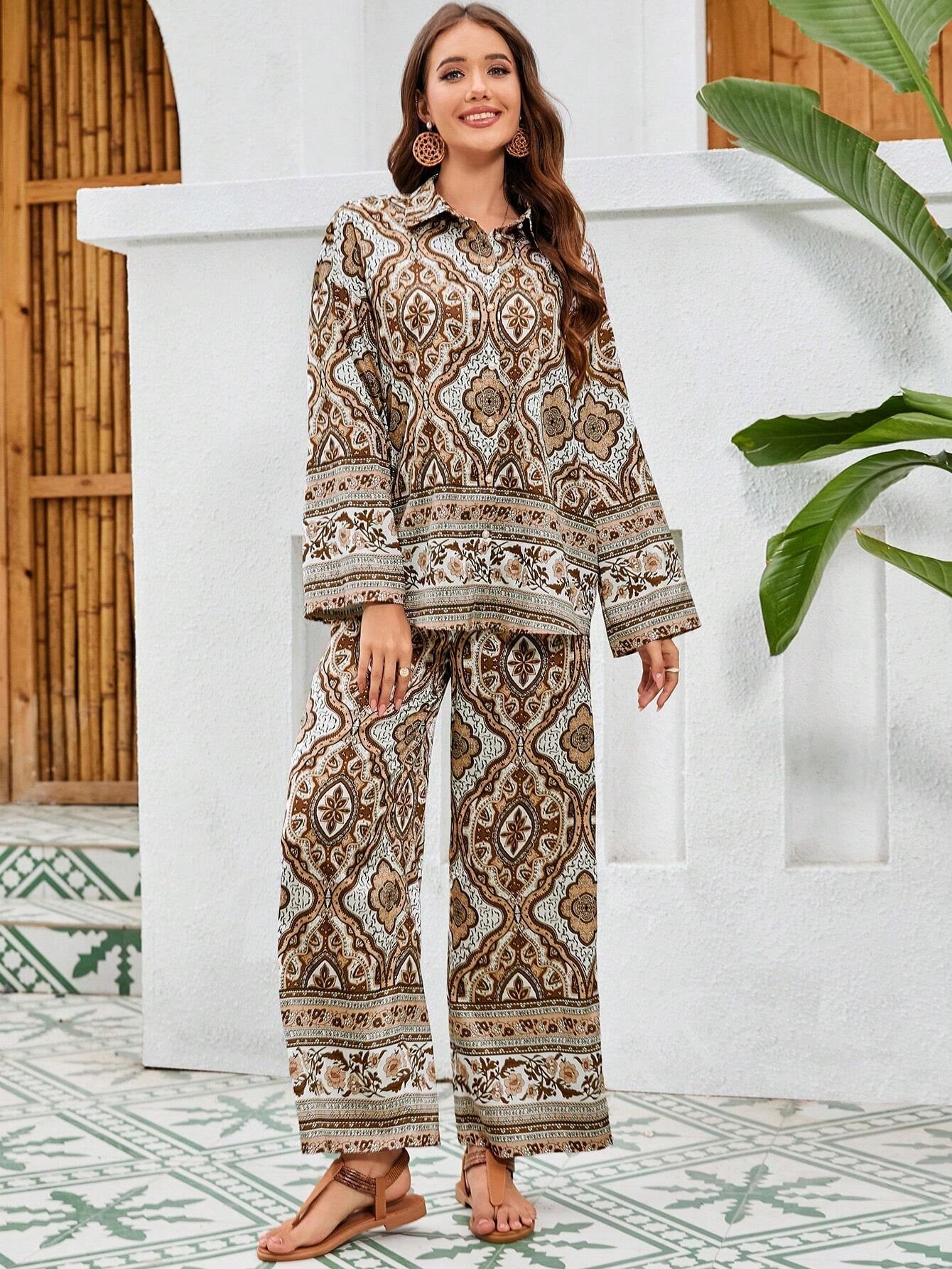 Mulvari Ladies' Floral Printed Long Sleeve Shirt and Pants Set
