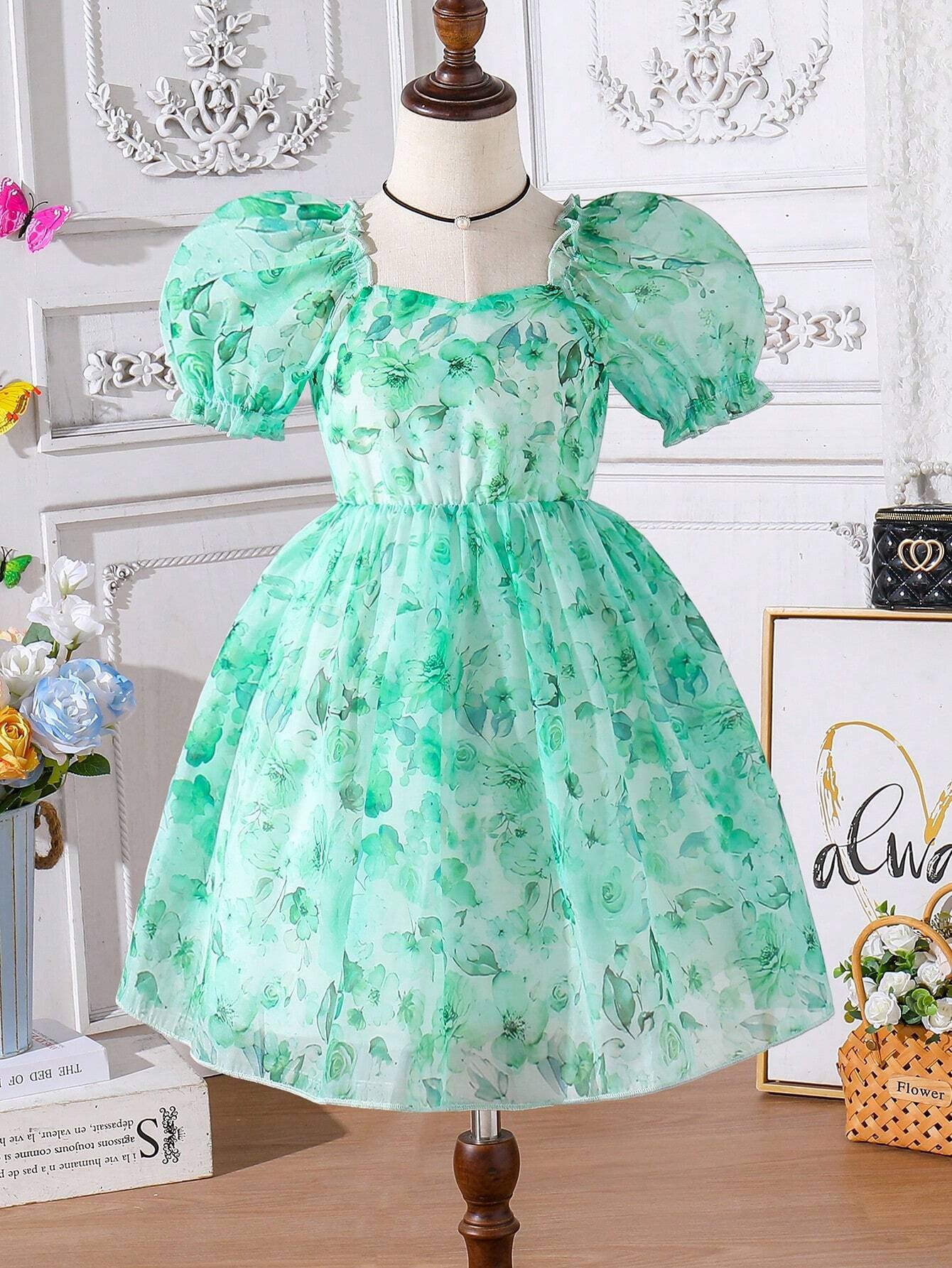 Young Girls' Summer Flower Print Dress, Purple Floral Princess Dress with Puff Sleeves
