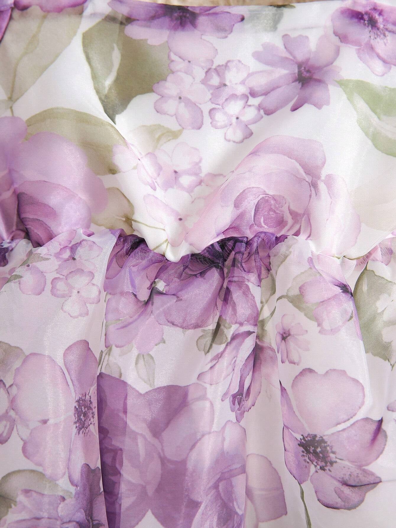 Baby Girls' Rose Printed Organza Bubble Sleeve Dress