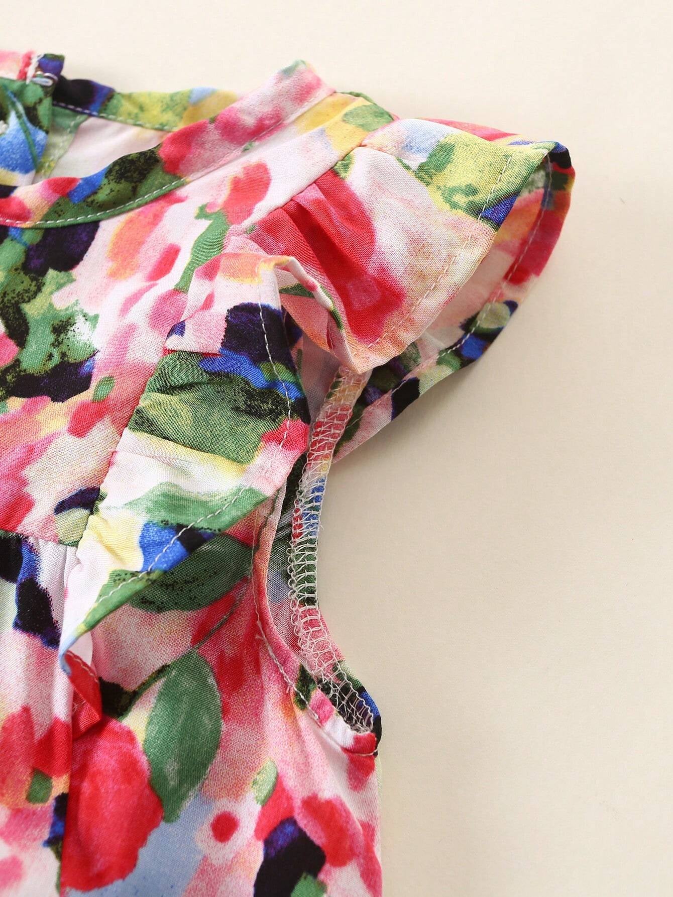 Baby Girl'S Full Print Floral Dress with Ruffled Hem and Headband