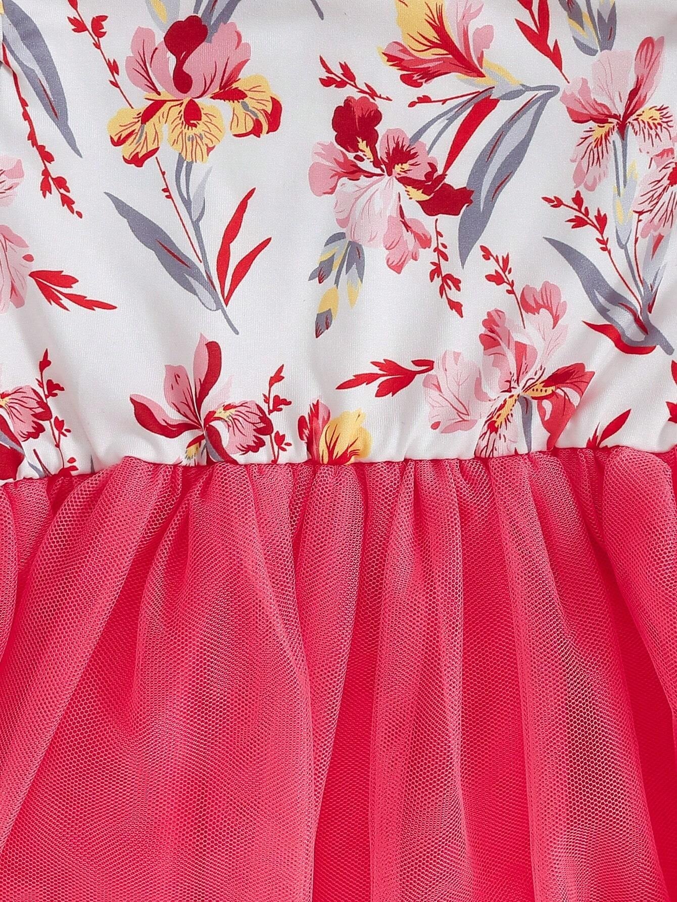 Young Girl Floral Print Contrast Mesh A-Line Dress