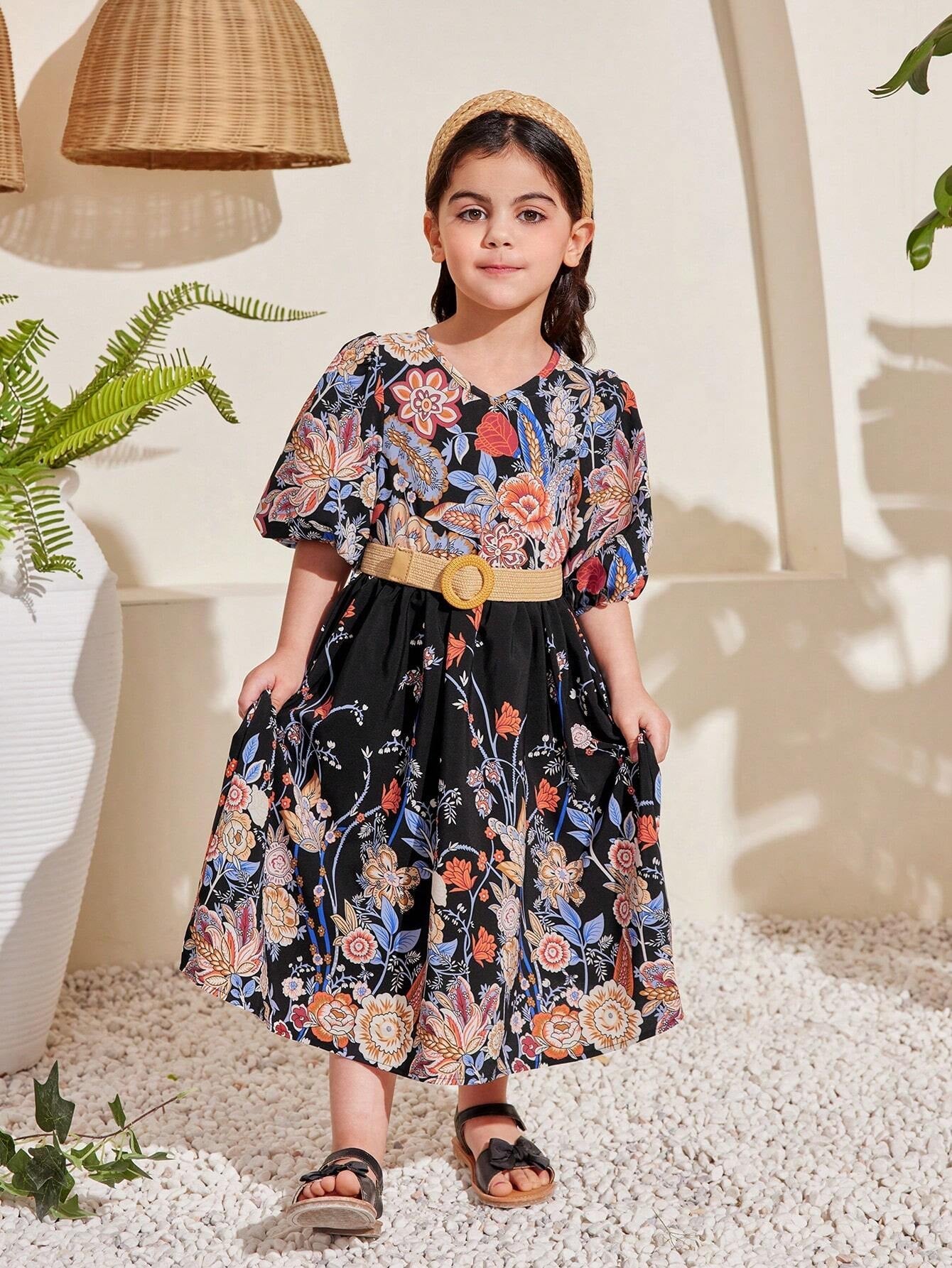 Young Girl Floral Printed V-Neck Puff Sleeve Dress