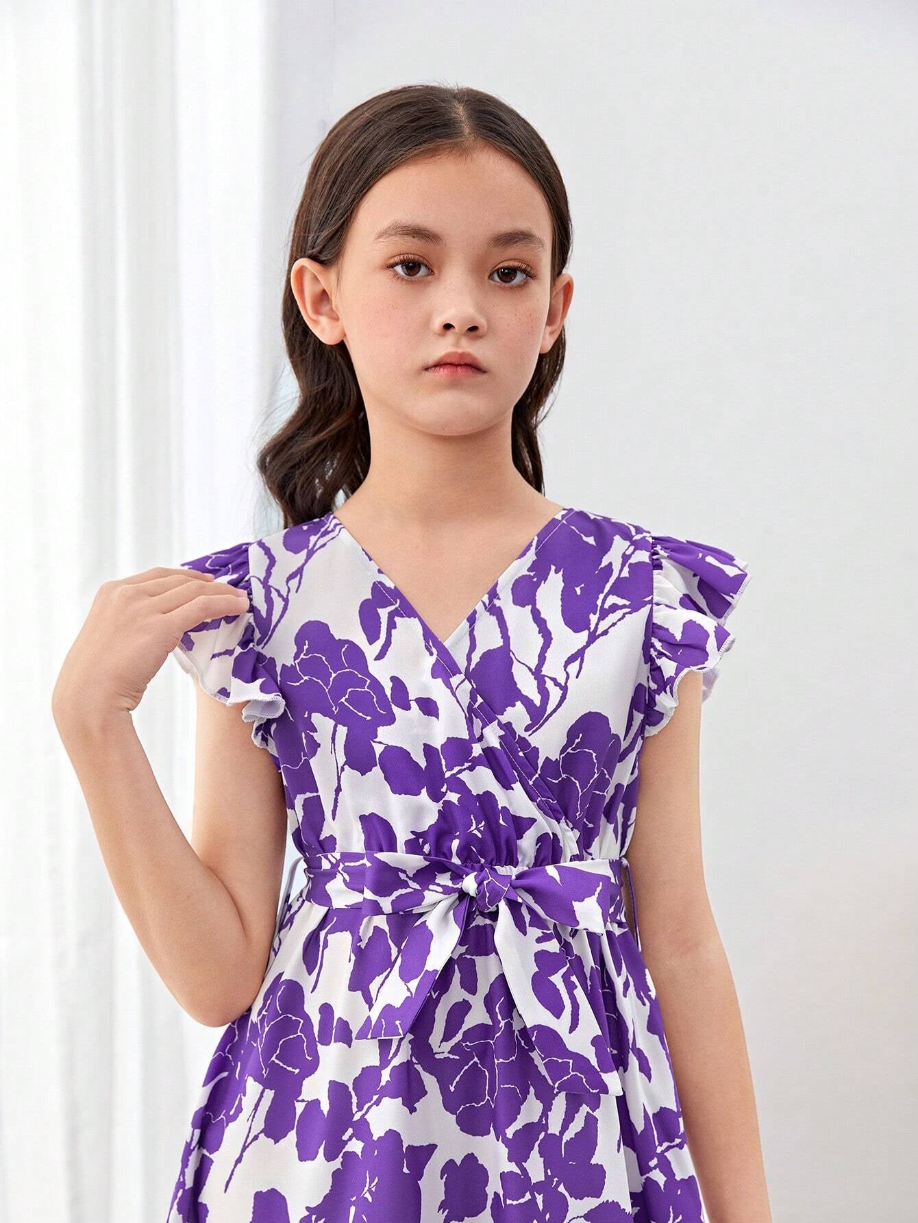 Tween Girls' Elegant Cross V-Neckline Floral Printed Dress with Ruffle Sleeves, Pleated and Tie for Summer