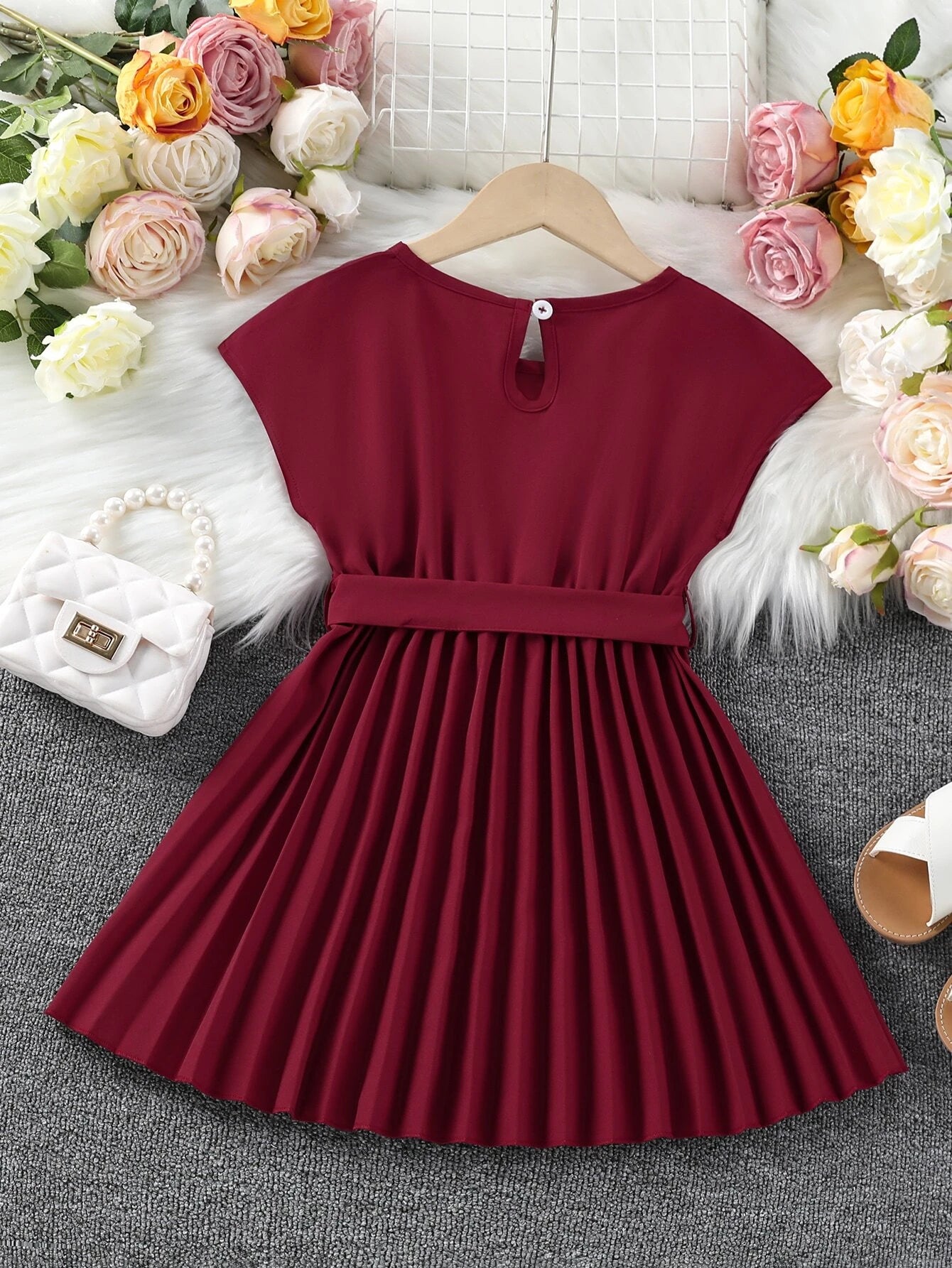 Young Girl Pleated Hem Belted Dress