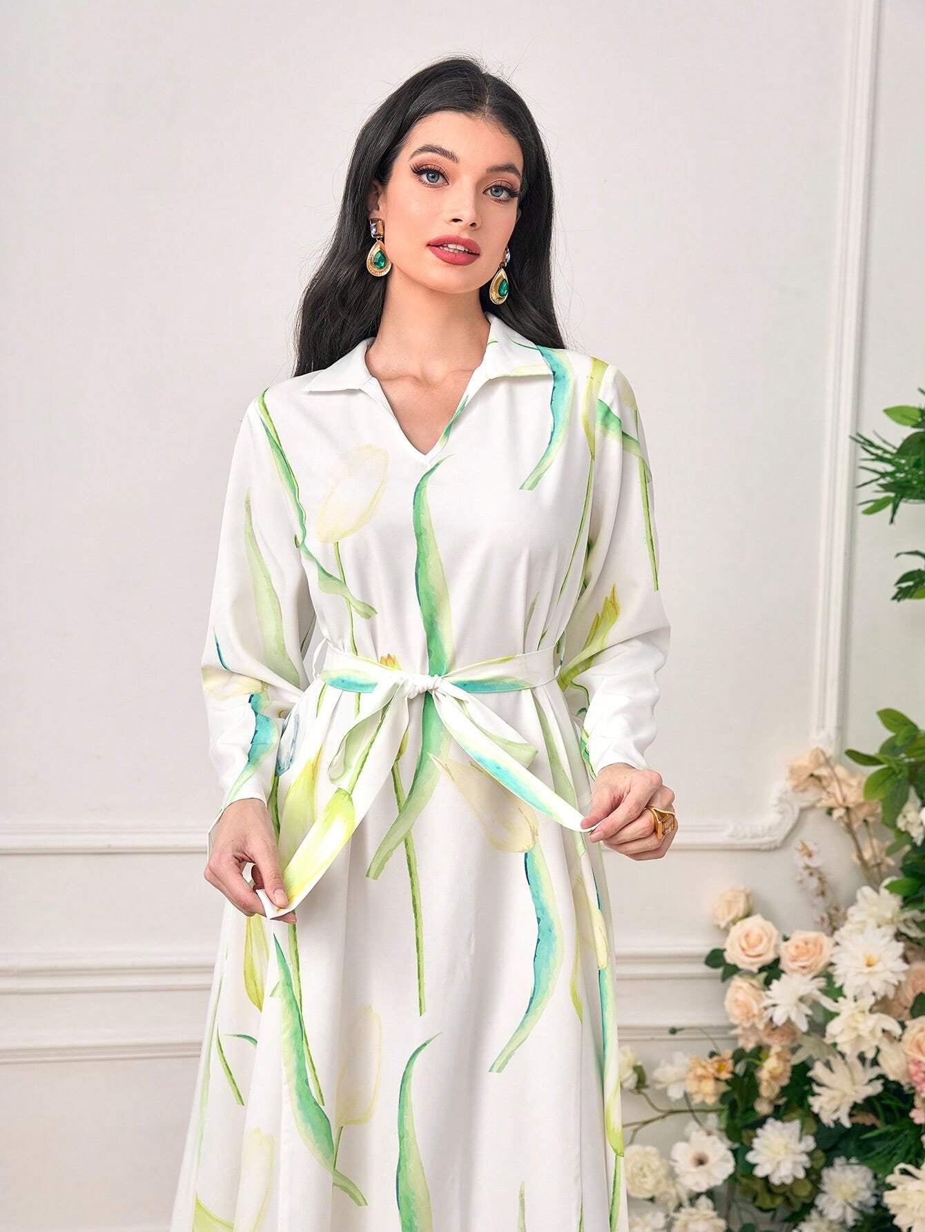 Najma Floral Print Belted Shirt Dress