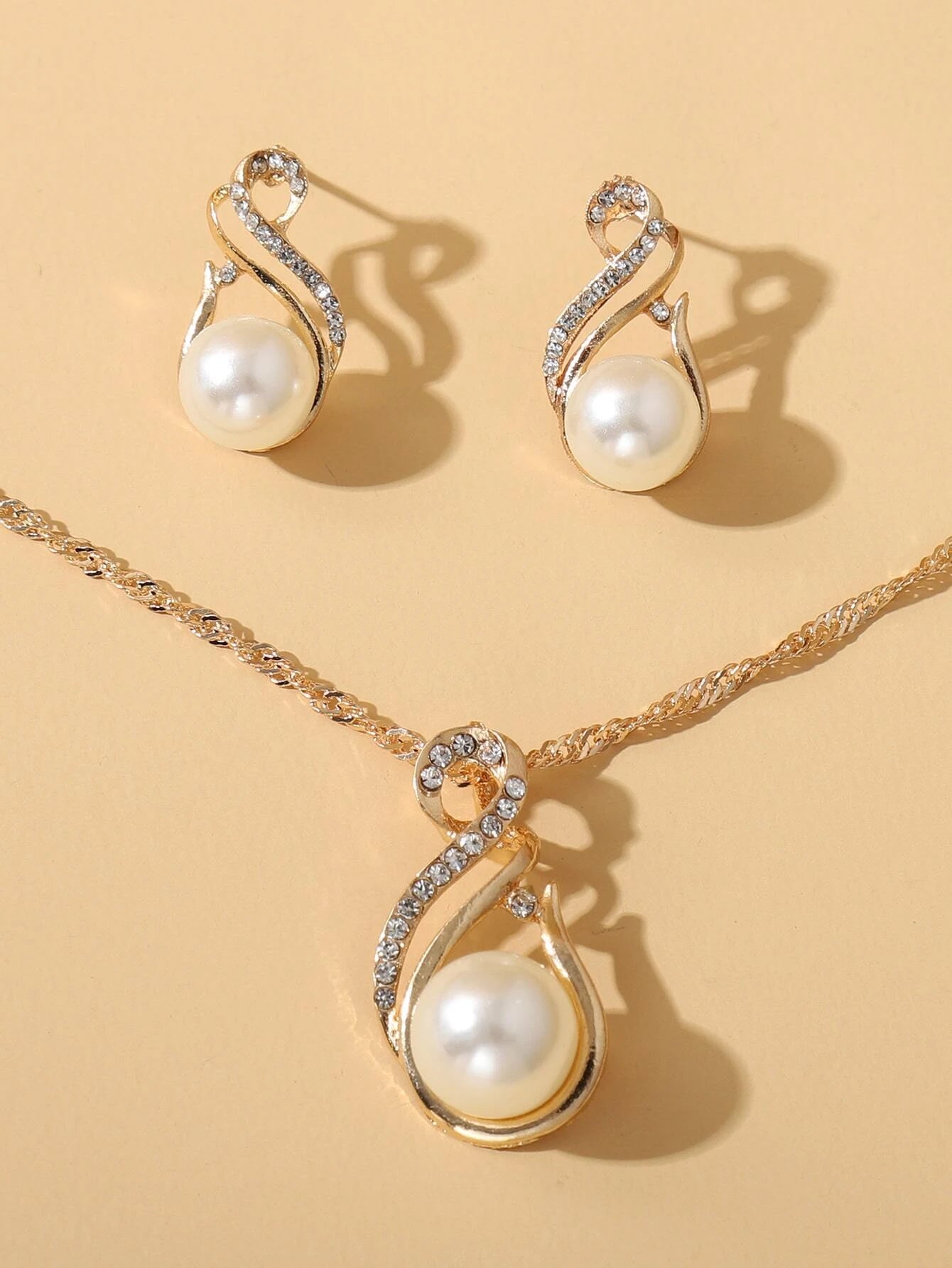 1Pc Charming Water Drop Shaped Rhinestone & Faux Pearl Pendant Necklace and 1Pair Earrings, Birthday/Festival Gift for Women