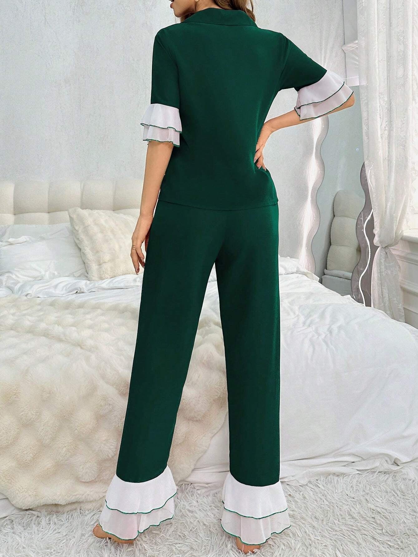 Women'S Two-Piece Sleepwear Set with Color Block Flounce Sleeve Top and Flare Pants