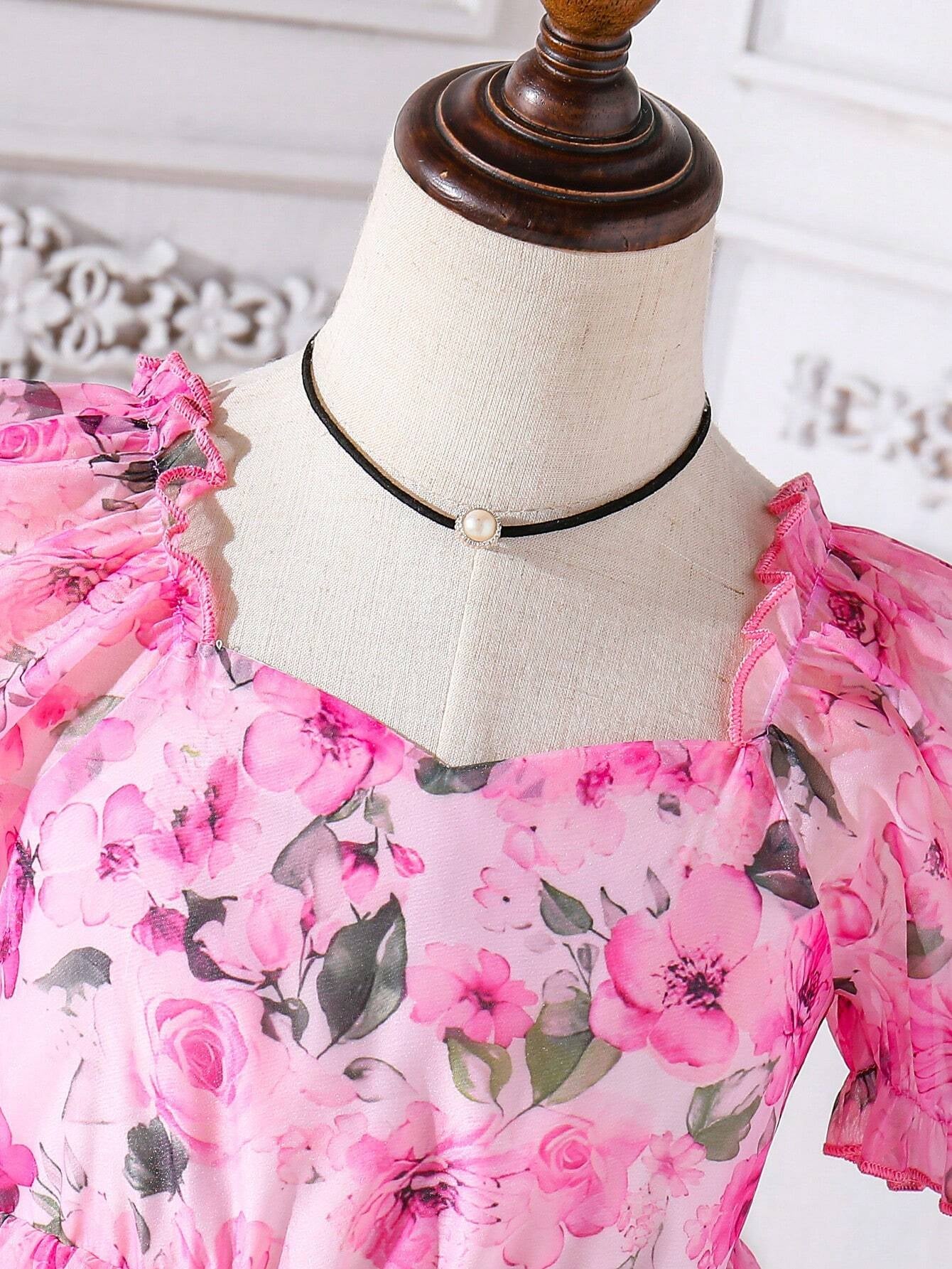 Young Girls' Summer Flower Print Dress, Purple Floral Princess Dress with Puff Sleeves