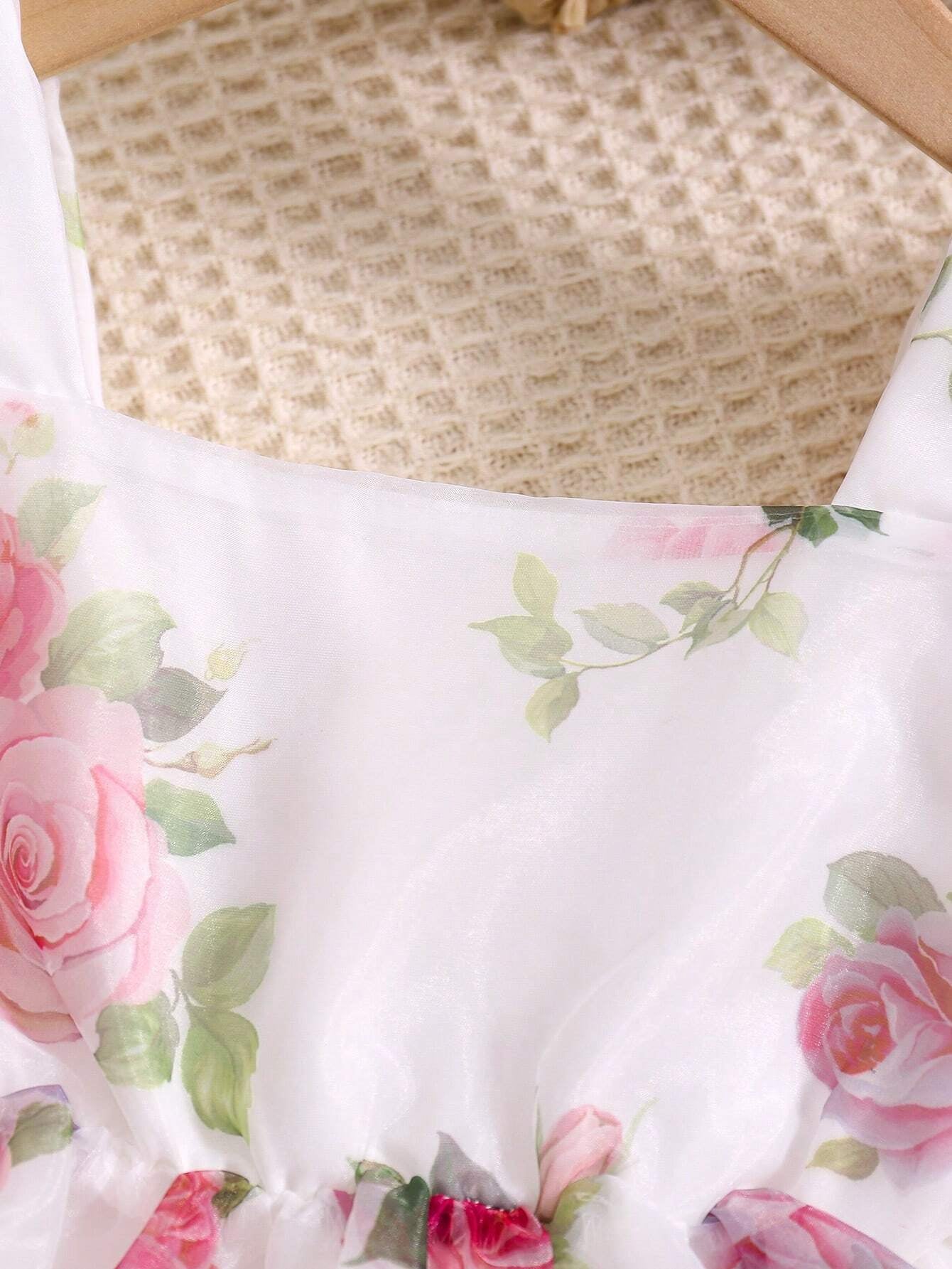 Baby Girls' Rose Printed Organza Bubble Sleeve Dress
