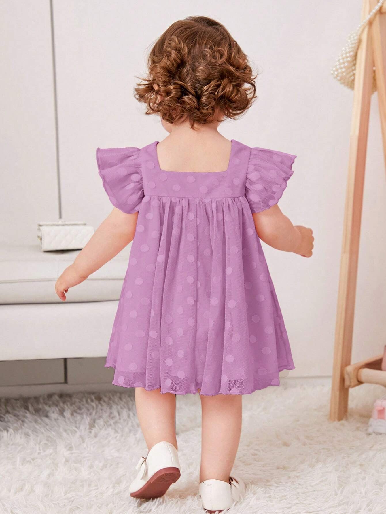 Baby Girl'S Sweet Polka Dot Mesh Dress with Square Neckline and Short Flutter Sleeves