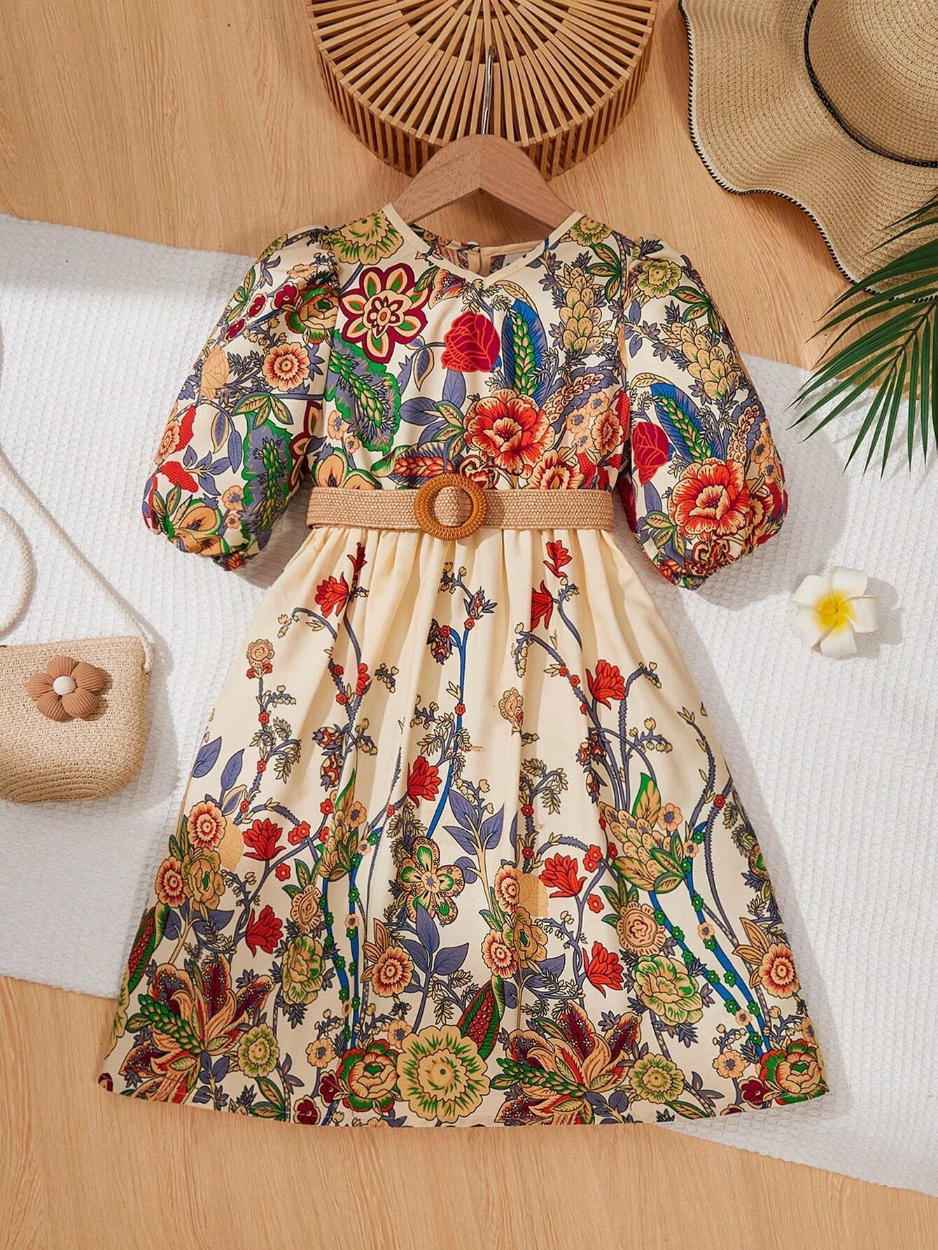 Young Girl Floral Printed V-Neck Puff Sleeve Dress