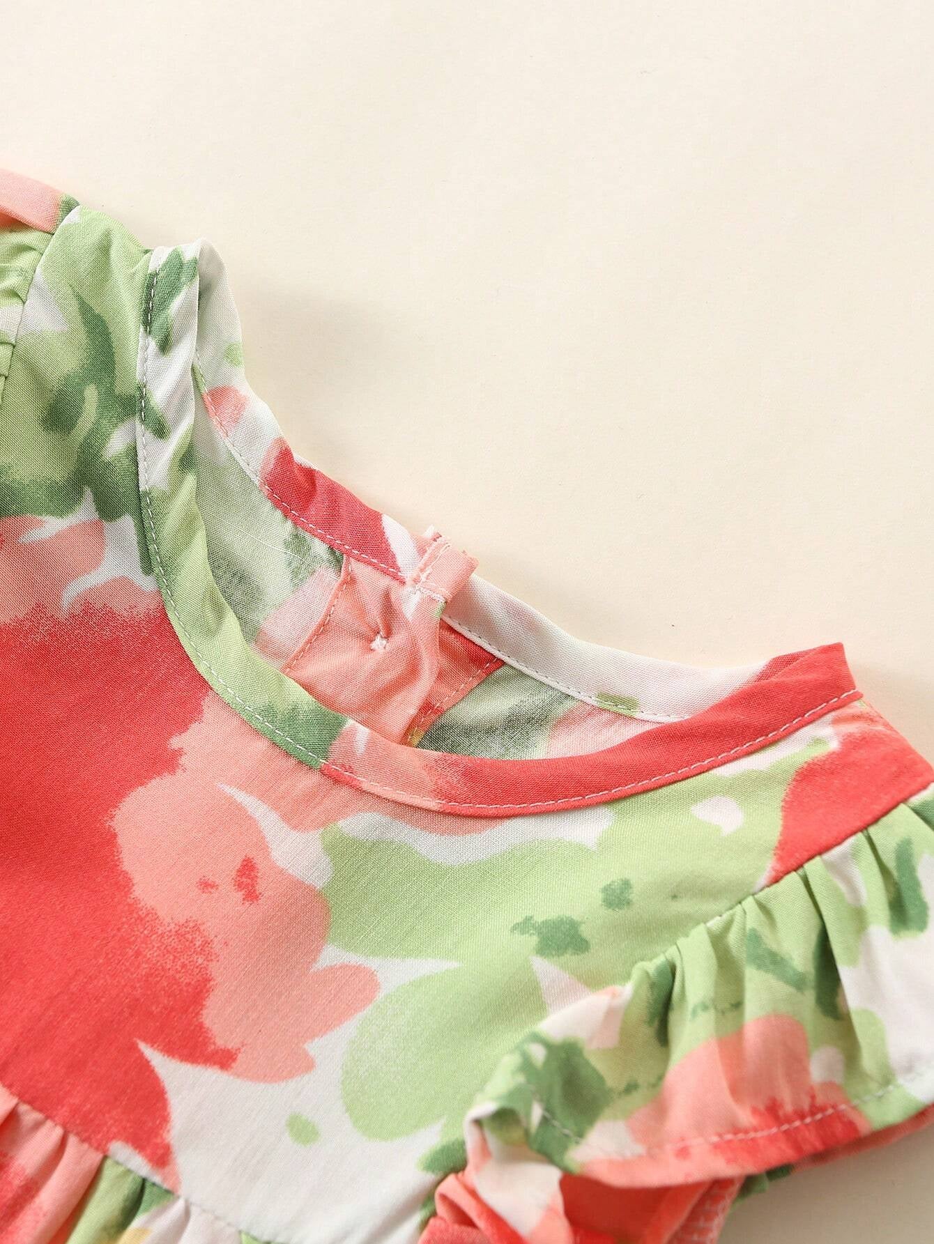 Baby Girl'S Full Print Floral Dress with Ruffled Hem and Headband