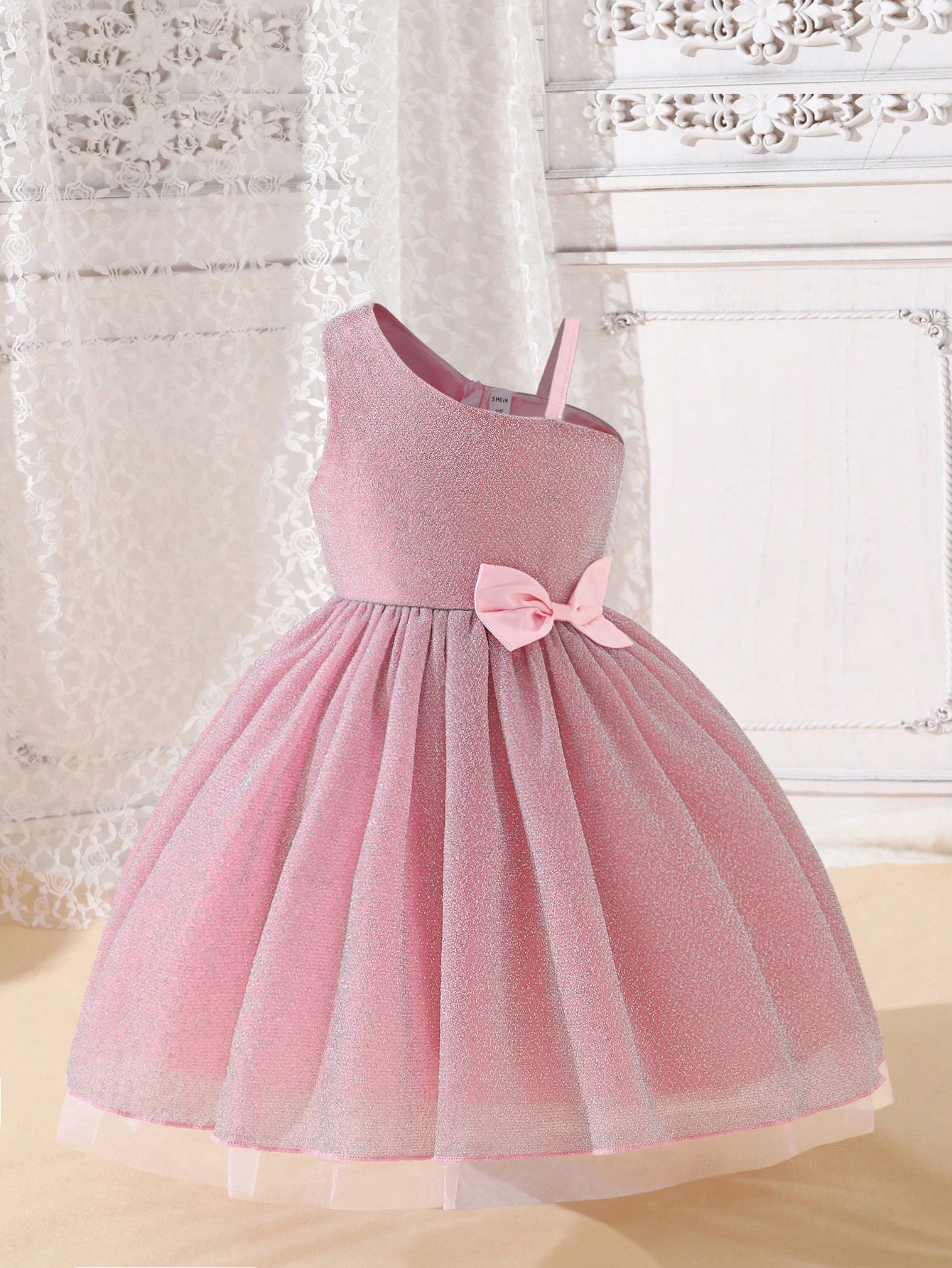 Young Girl Asymmetrical Neck Bow Front Mesh Overlay Dress