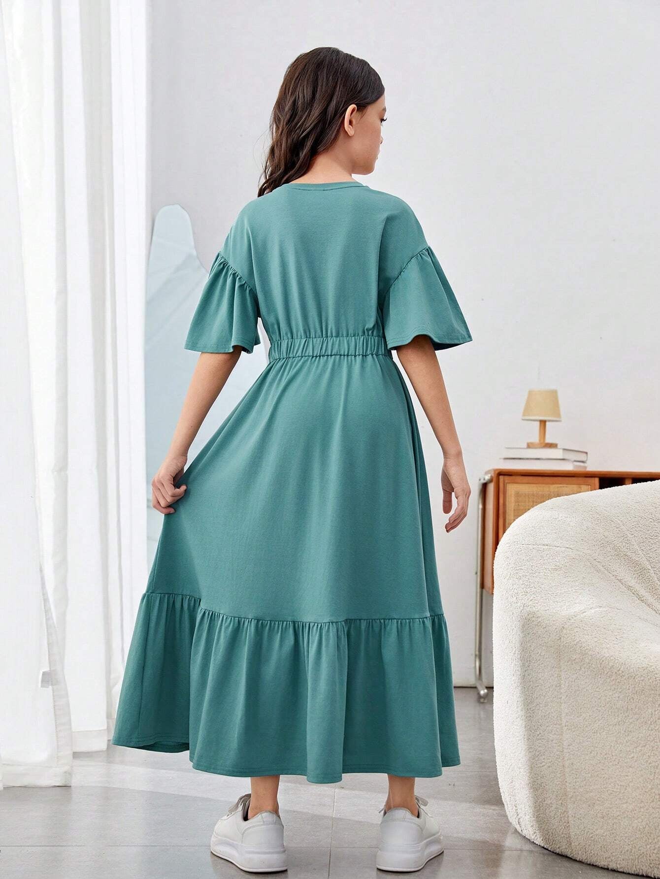 Tween Girls' Knitted round Neck Loose Fit Casual Dress with Ruffled Sleeves